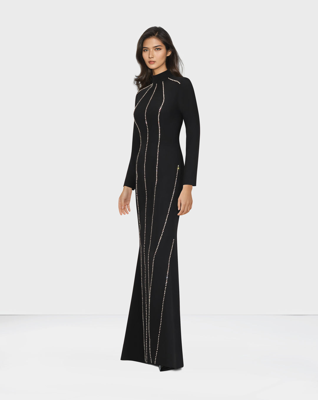 Long sleeve column dress with vertical beading-Ghadeer
