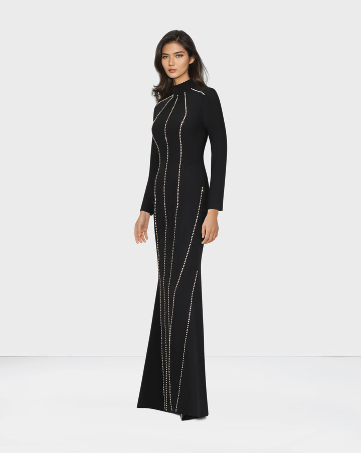 Long sleeve column dress with vertical beading-Ghadeer