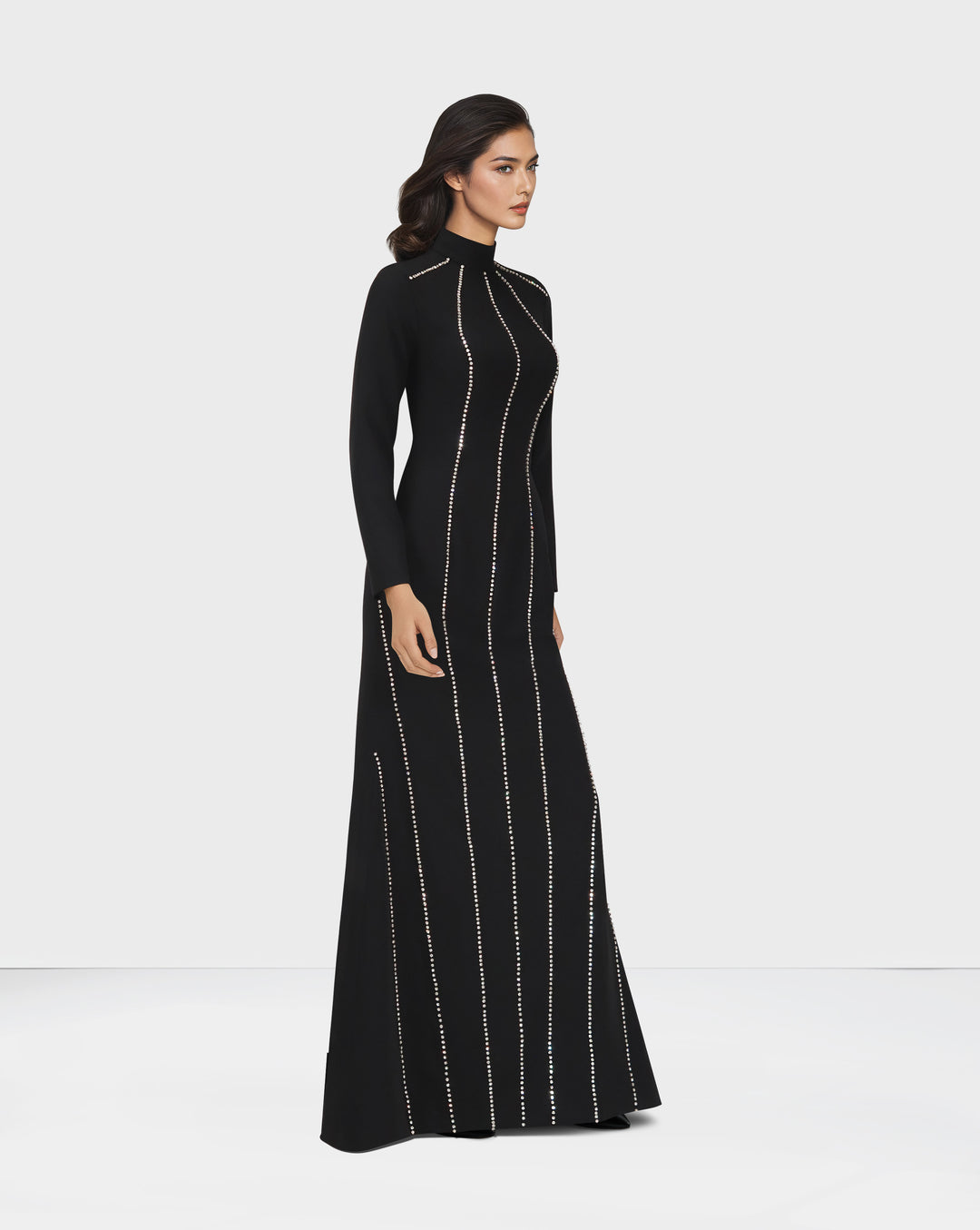 Long sleeve column dress with vertical beading-Ghadeer