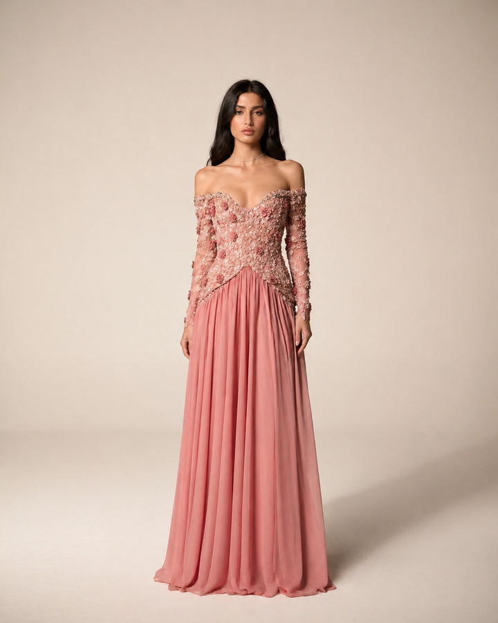 Dusty Rose Off-Shoulder Evening Gown with Floral Embellished Bodice – ROSÉVA