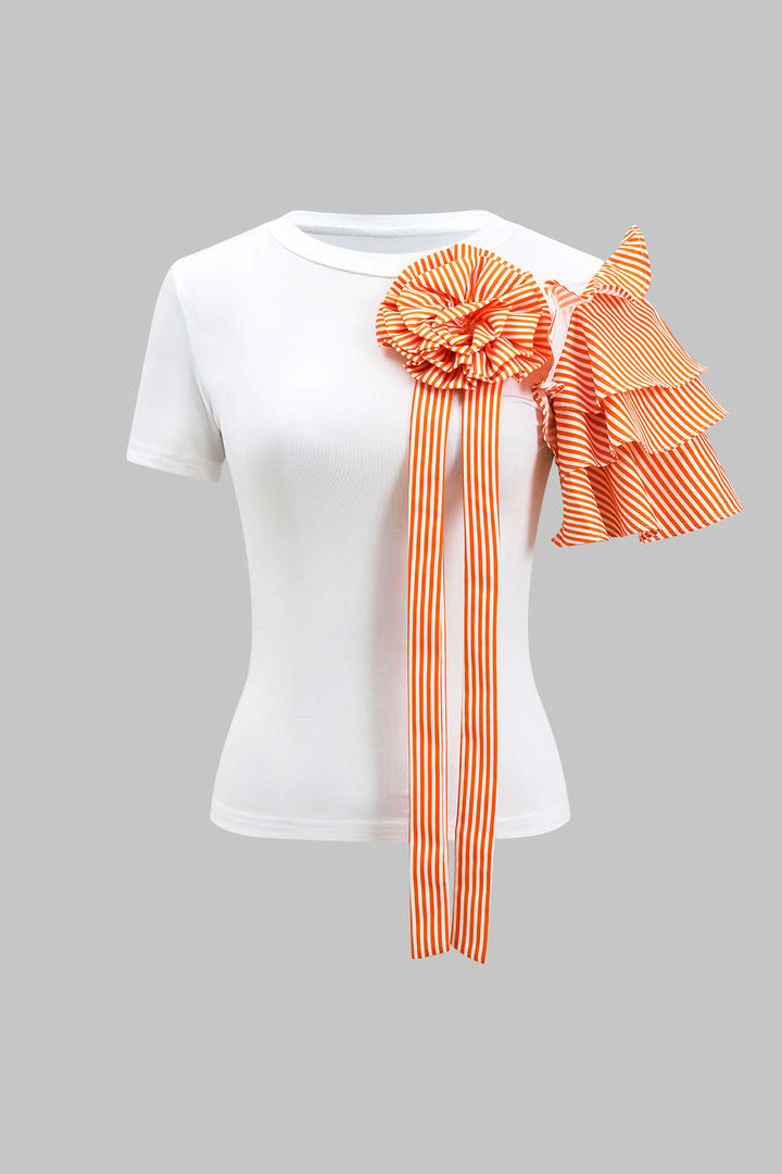 Stripe Print 3D Floral Short Sleeve Top And Button Wide Leg Trousers Set