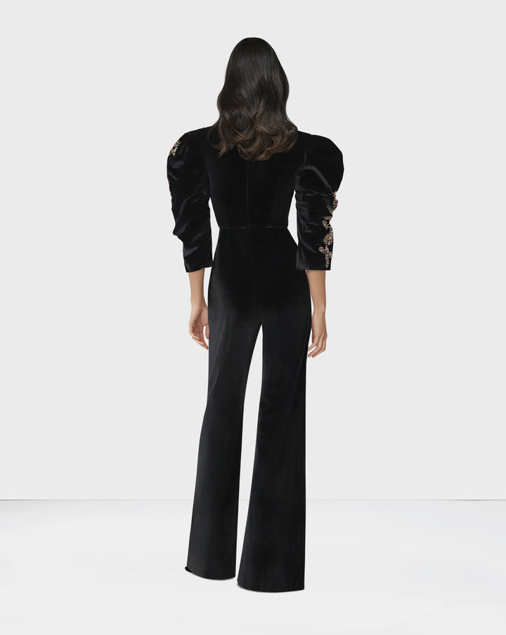 Beaded velvet jumpsuit with puffed sleeves-Morven