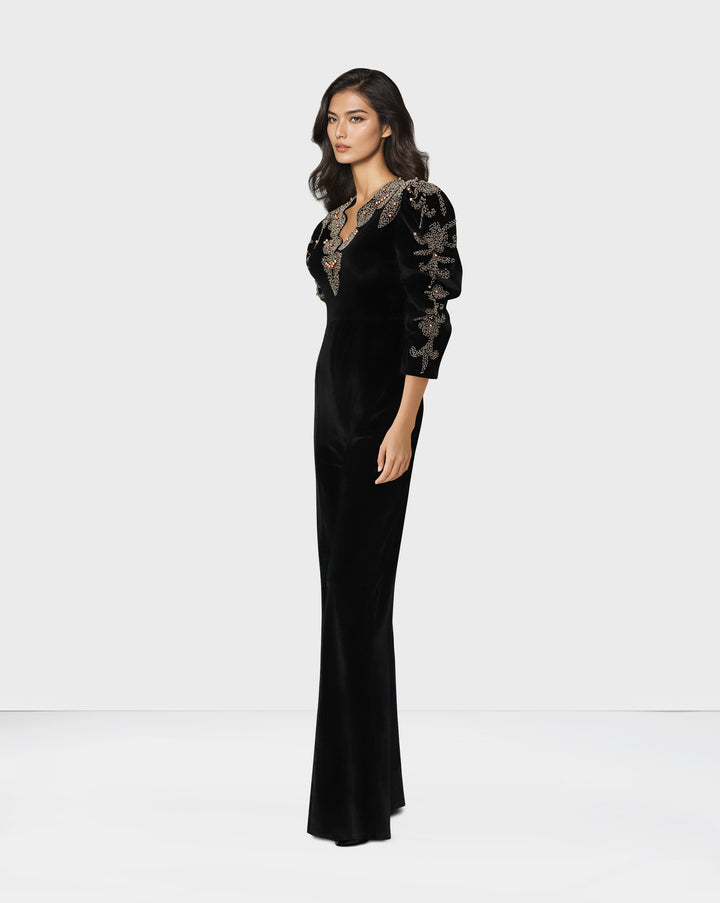 Beaded velvet jumpsuit with puffed sleeves-Morven