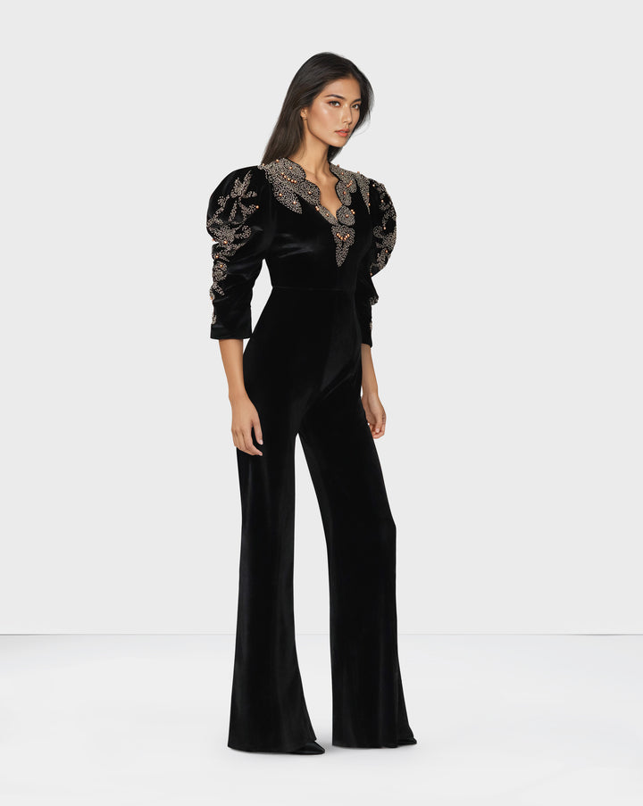 Beaded velvet jumpsuit with puffed sleeves-Morven