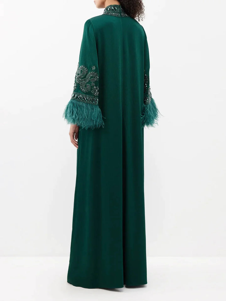 Embellished feather-cuff kaftan gown – Zehira
