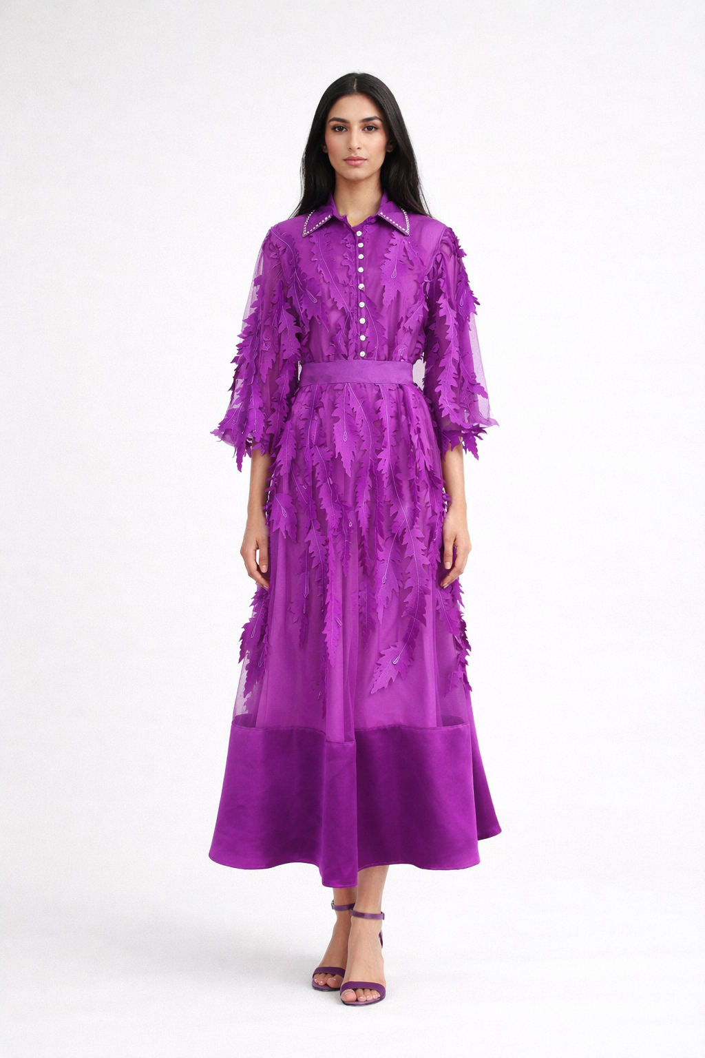 long sleeve chiffon dress with 3D leaf appliqué and belted waist – VIOLET
