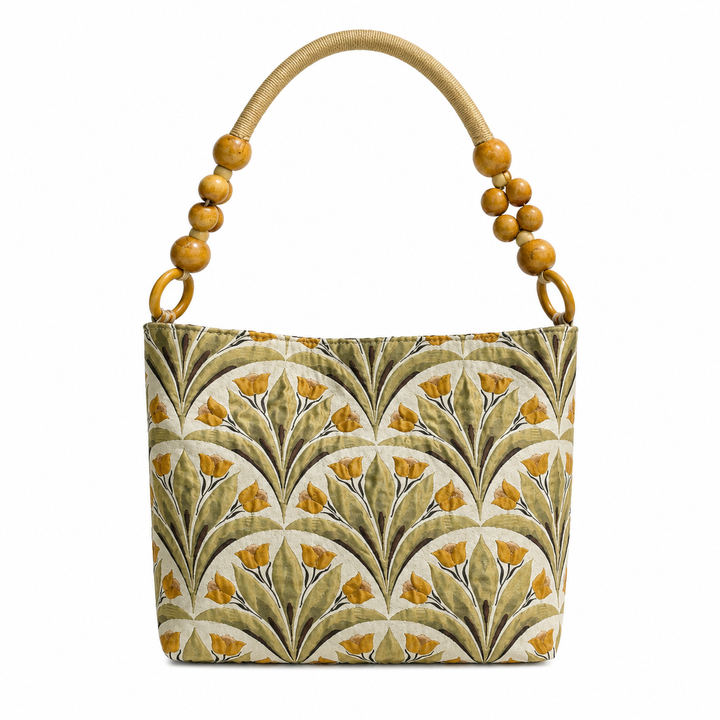 Vintage Floral Wooden Handle Bag - Bohemian
