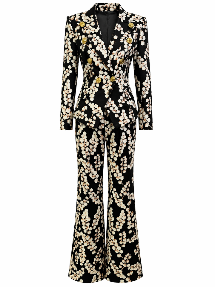 Black Floral Print Blazer and Straight-Leg Pants Set with Gold Button Detail - FLORENTIA