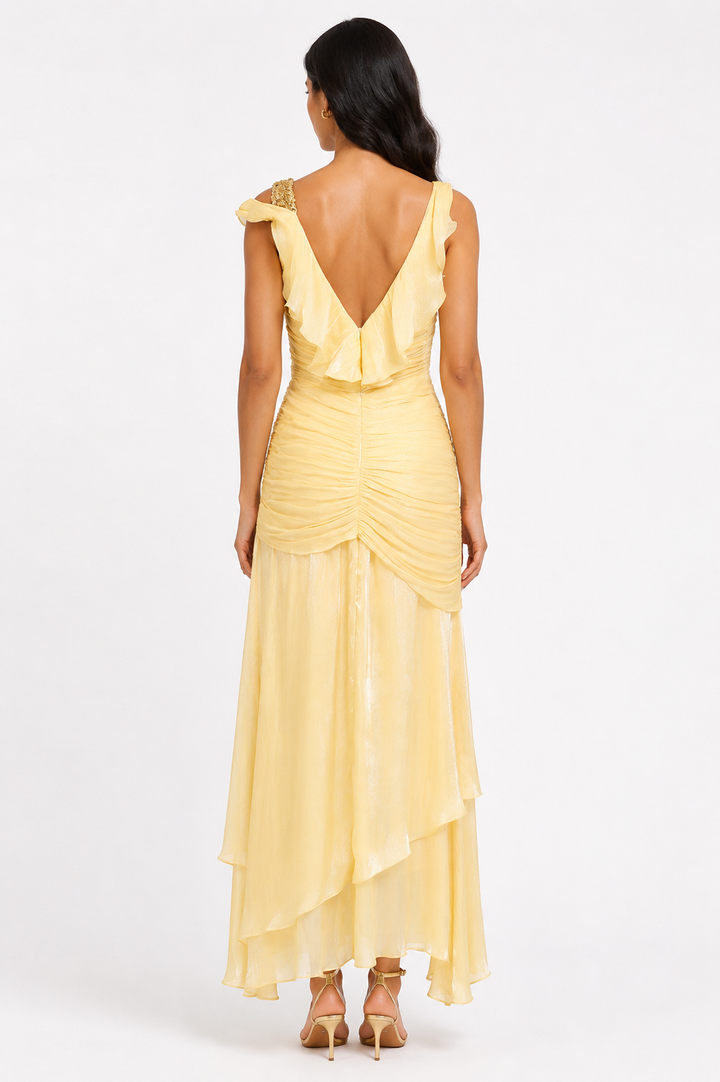 Asymmetrical Draped Chiffon Midi Dress - Buttercream