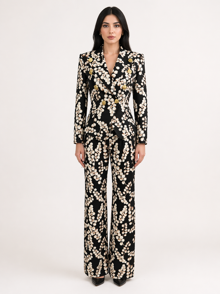 Black Floral Print Blazer and Straight-Leg Pants Set with Gold Button Detail - FLORENTIA