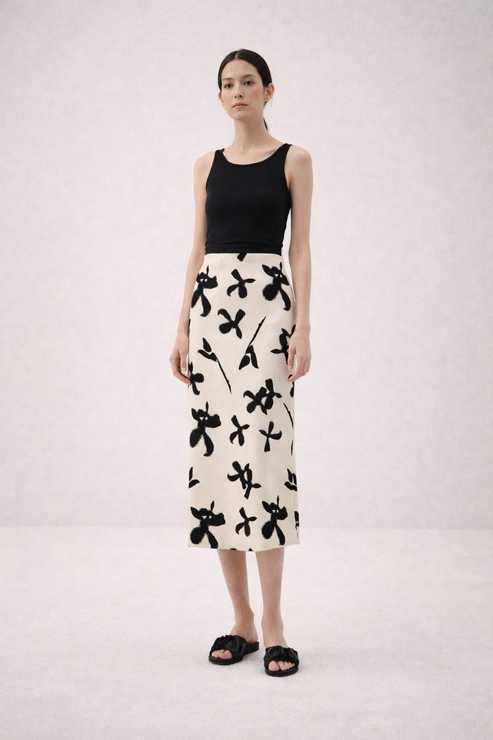 Monochrome Floral Midi Pencil Skirt-SIDANY