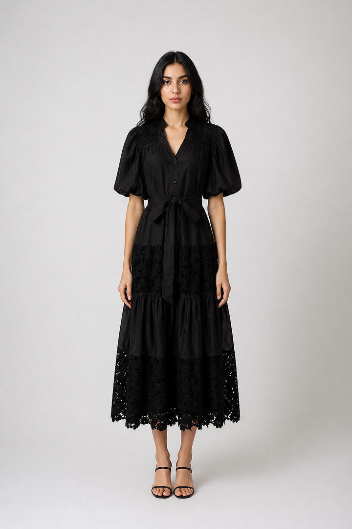 Burgundy Lace Panel Midi Dress - ROSÉVA