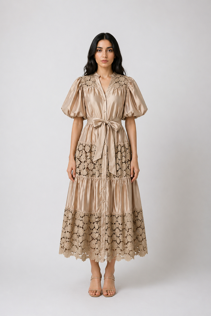 Burgundy Lace Panel Midi Dress - ROSÉVA