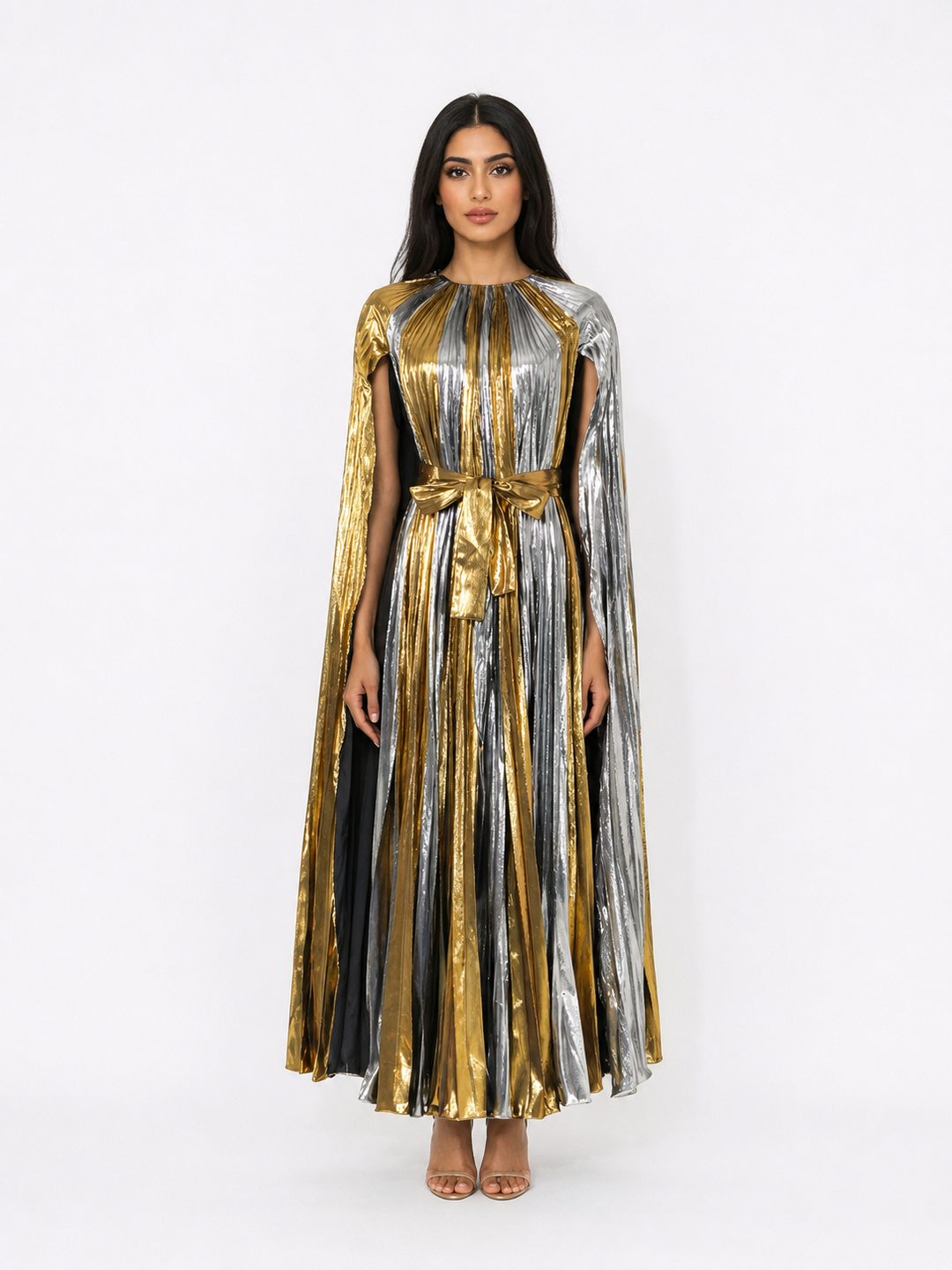 Luxury Metallic Pleated Cape Dress - Elegant