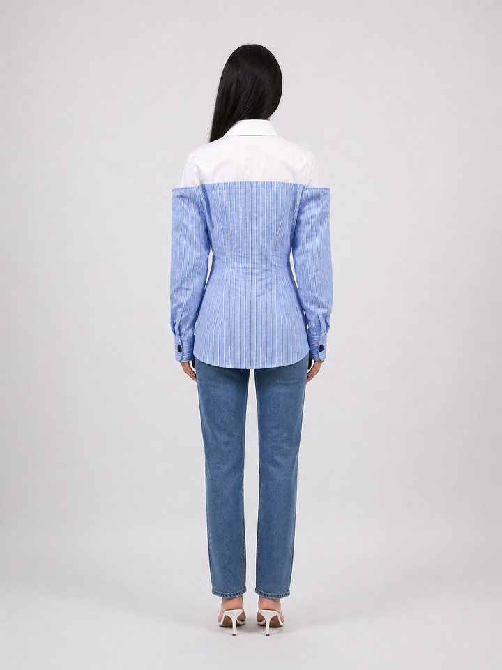 Blue Striped Off-Shoulder Layered Shirt – AZURÉLLE