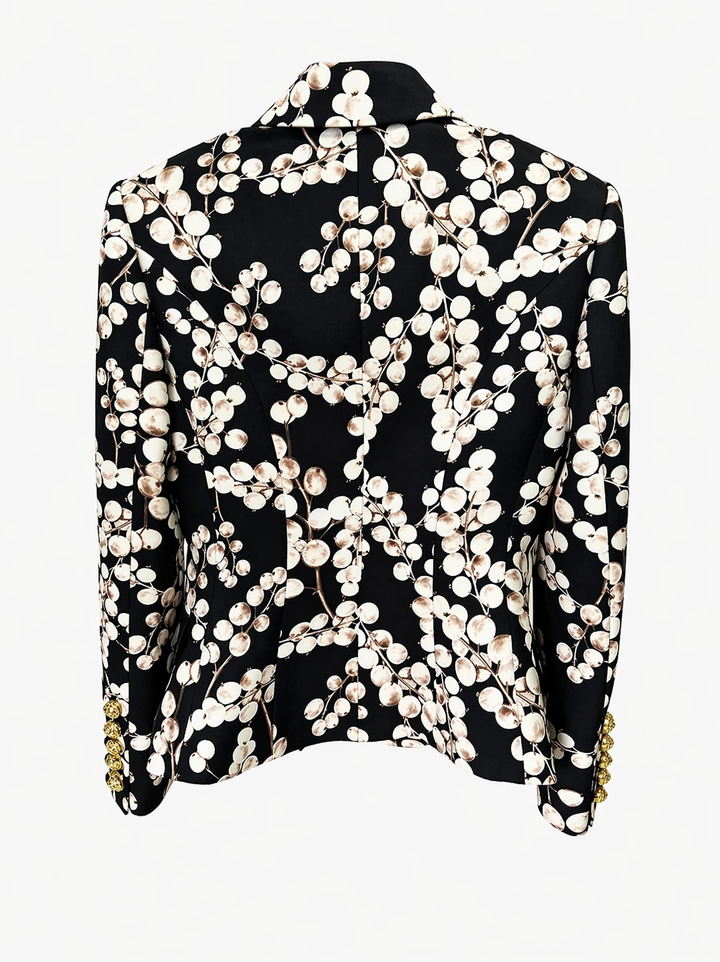 Black Floral Print Blazer and Straight-Leg Pants Set with Gold Button Detail - FLORENTIA