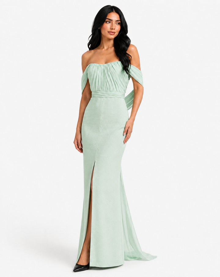Mint Off-Shoulder Pleated Maxi Dress - Serene
