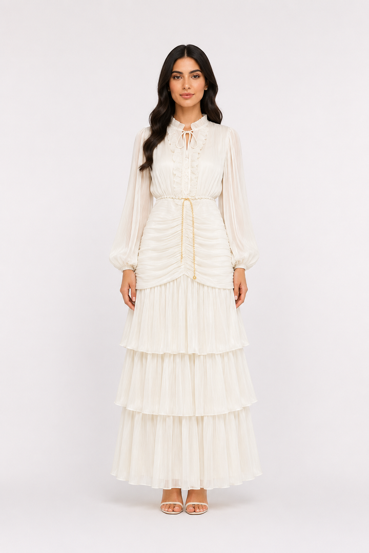 Elegant Ruched Chiffon Midi Dress - Romantic