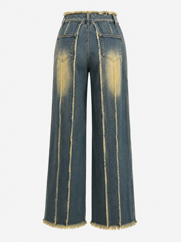 Raw Edge Striped Wide Leg Jeans - Urban