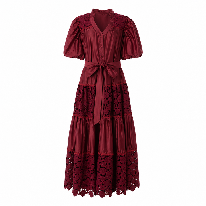 Burgundy Lace Panel Midi Dress - ROSÉVA