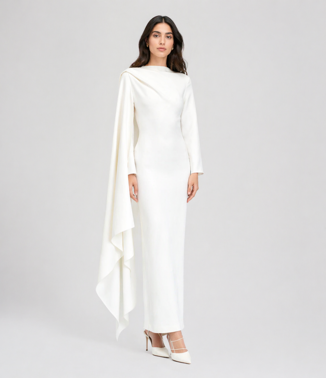 long sleeve column dress with cascading draped cape – IVORY