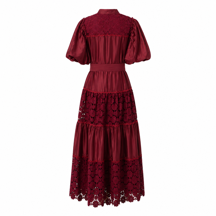 Burgundy Lace Panel Midi Dress - ROSÉVA