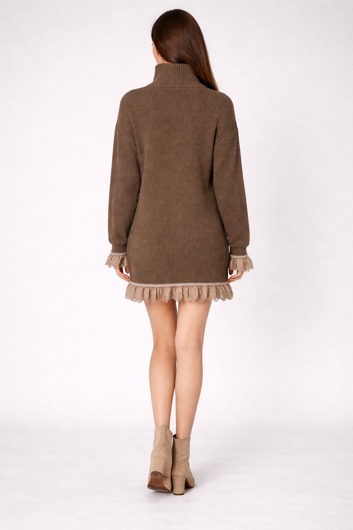 فستان قصير مكشكش محبوك مضلع باللون العنابي