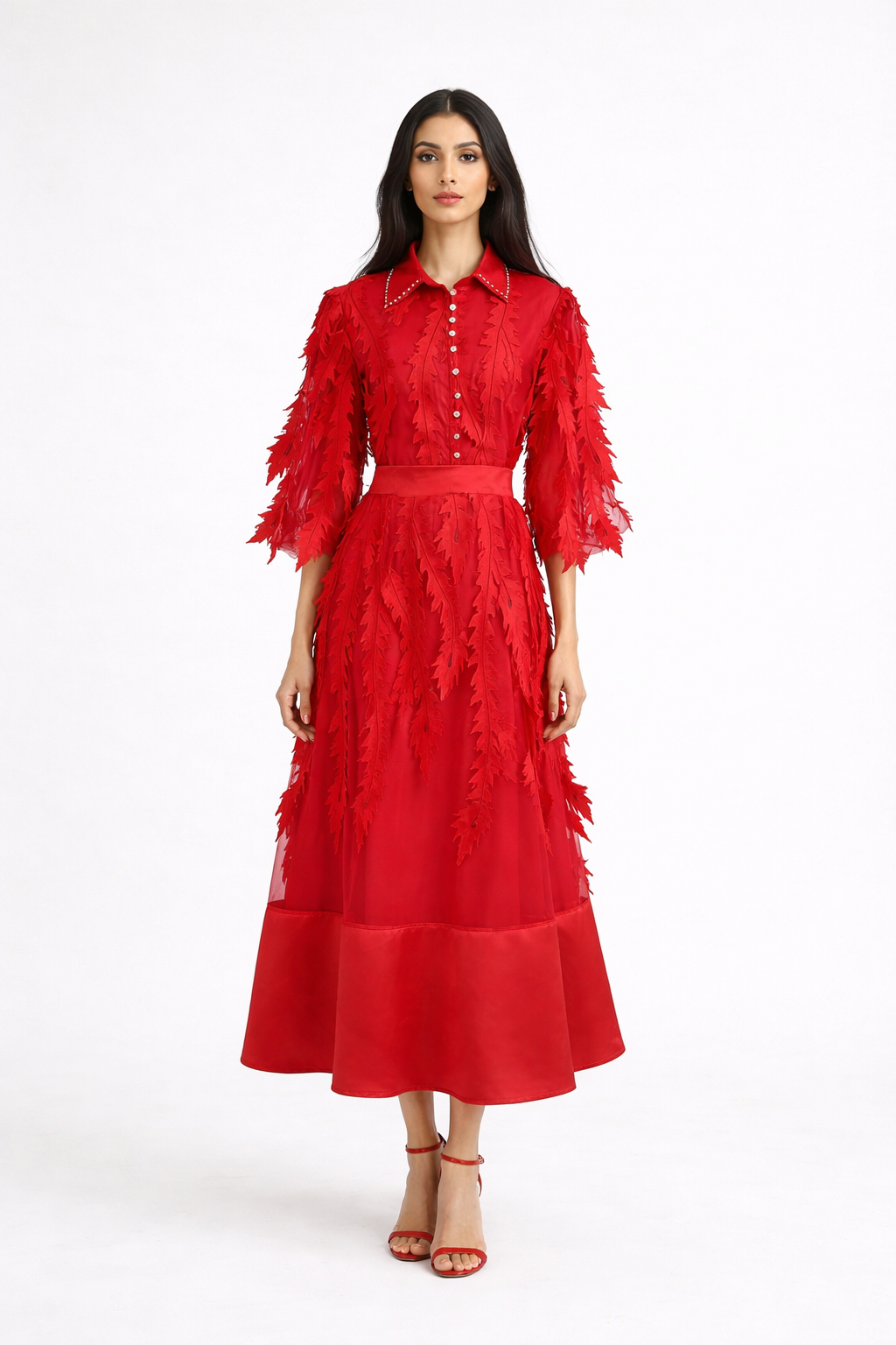 long sleeve chiffon dress with 3D leaf appliqué and belted waist – VIOLET