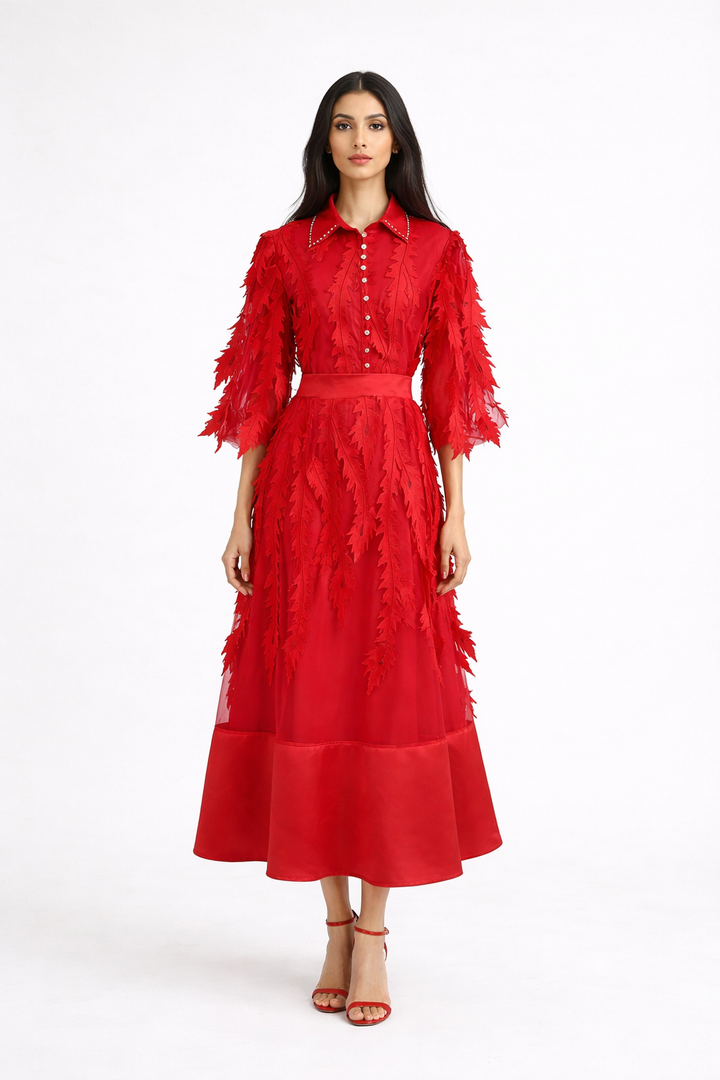 long sleeve chiffon dress with 3D leaf appliqué and belted waist – VIOLET