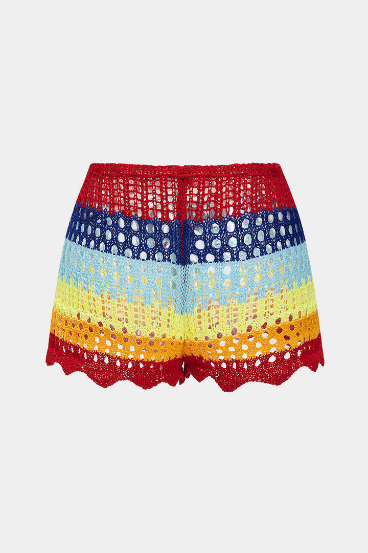 Contrast Knit Hollow Out Drawstring Shorts
