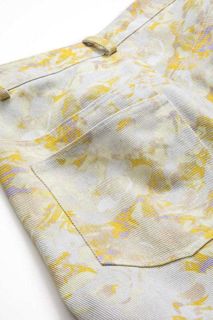 Abstract Print Denim Button Pocket Wide Leg Trousers