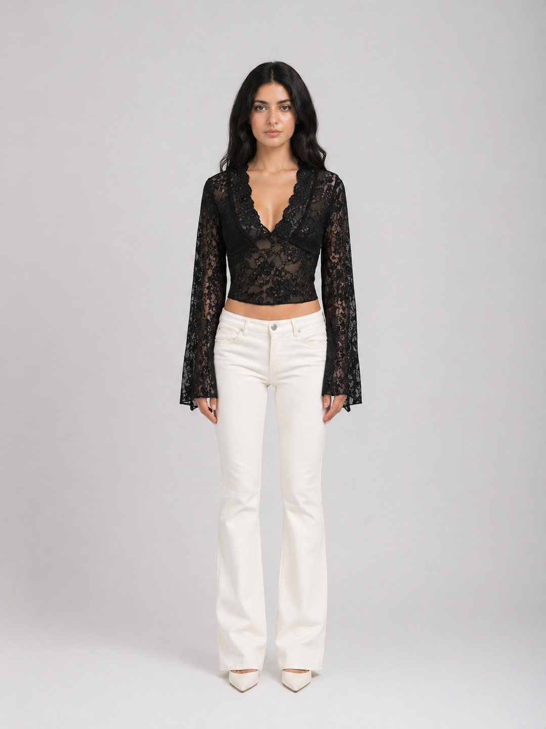 White Lace V-Neck Crop Top – LUMIÉRA