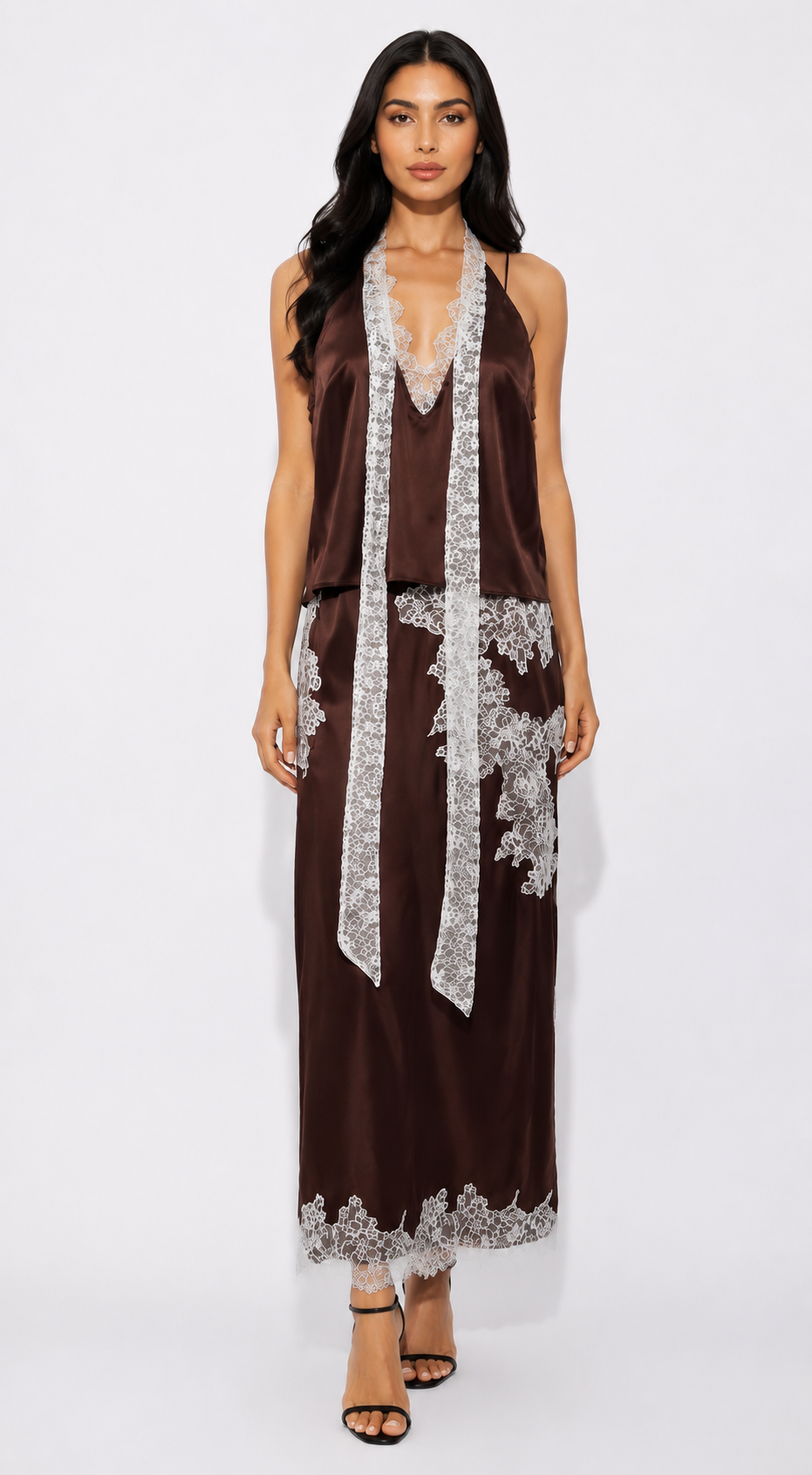 Lace Trim Satin Maxi Dress - Elegance