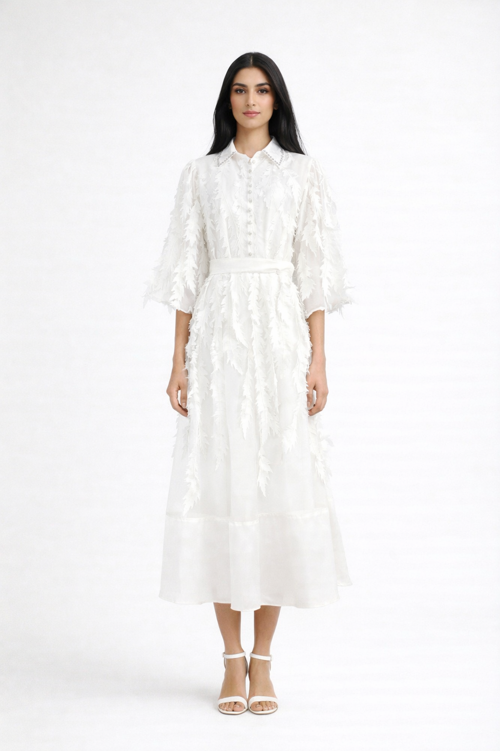 long sleeve chiffon dress with 3D leaf appliqué and belted waist – VIOLET