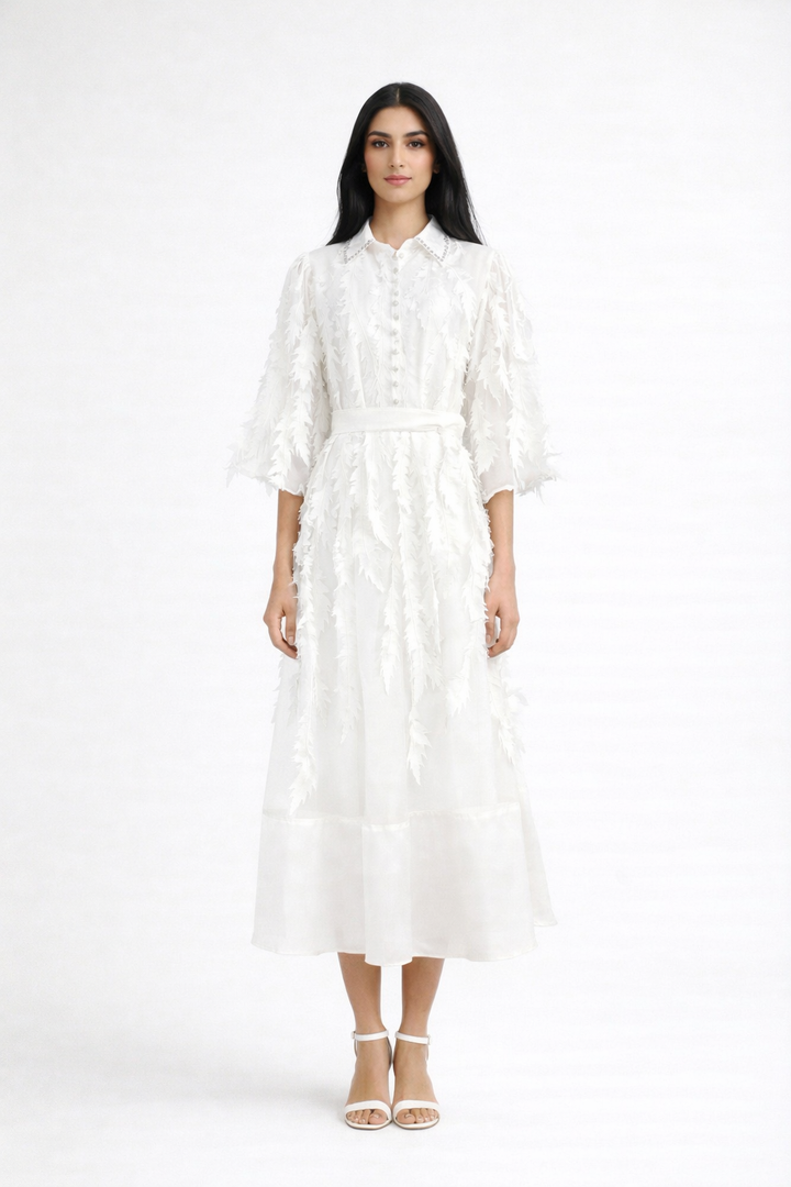 long sleeve chiffon dress with 3D leaf appliqué and belted waist – VIOLET