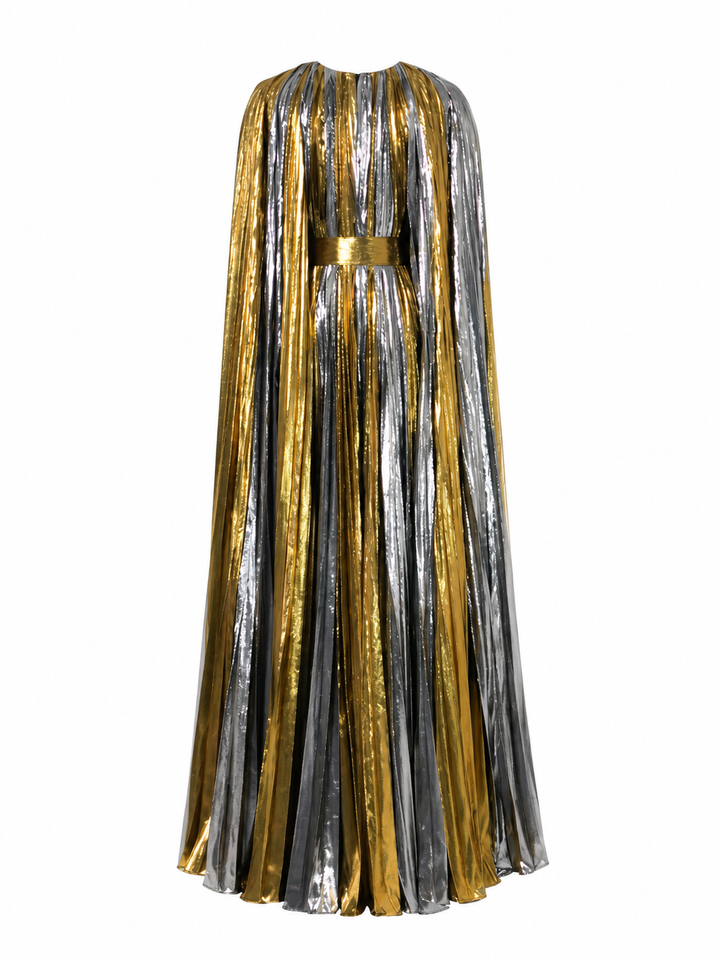 Luxury Metallic Pleated Cape Dress - Elegant