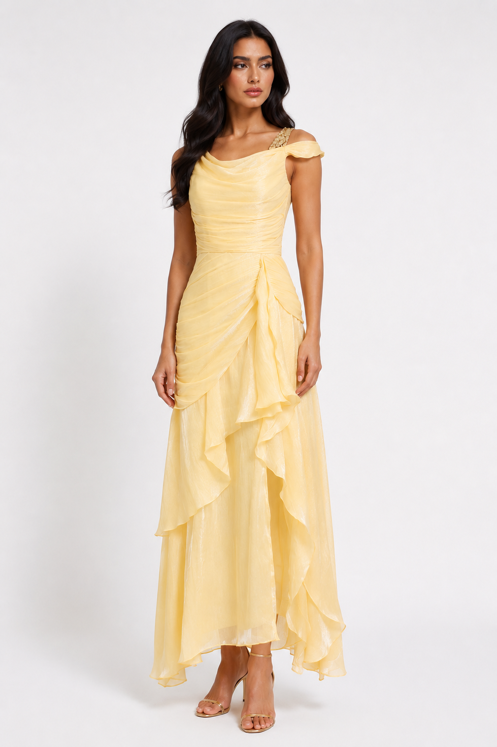 Asymmetrical Draped Chiffon Midi Dress - Buttercream