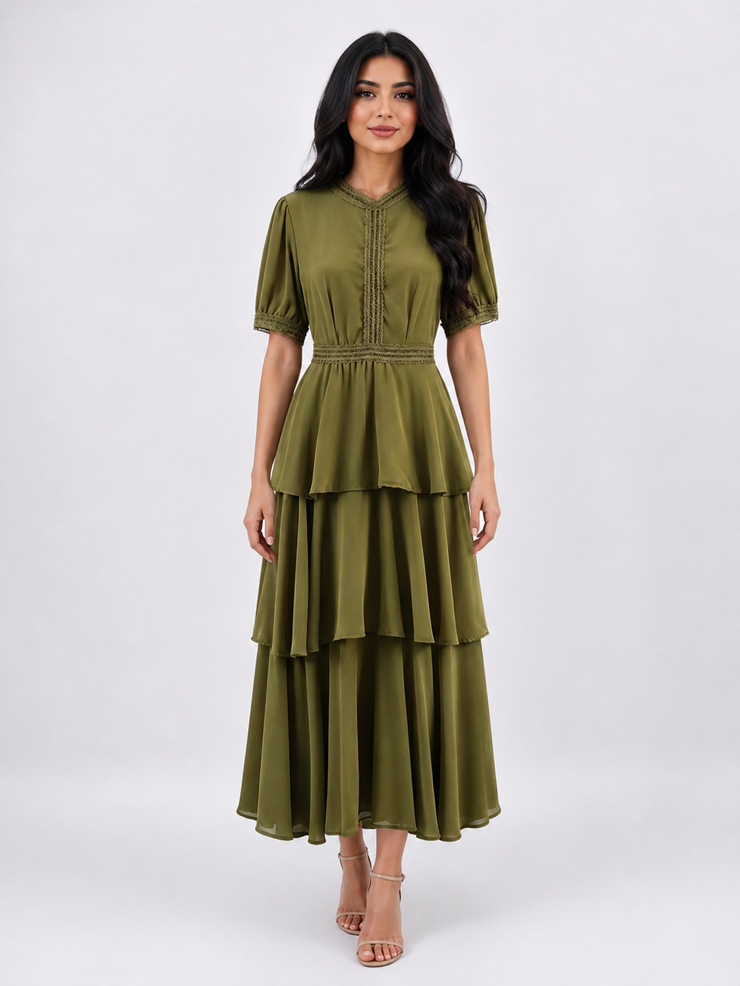 Olive Tiered Chiffon Midi Dress - Harmony