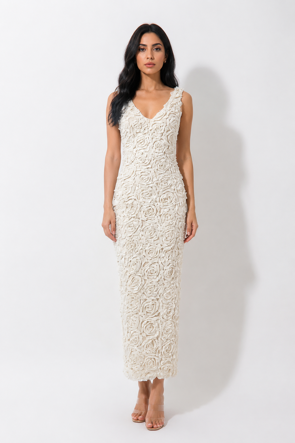 3D Floral V-Neck Midi Dress - Blossom