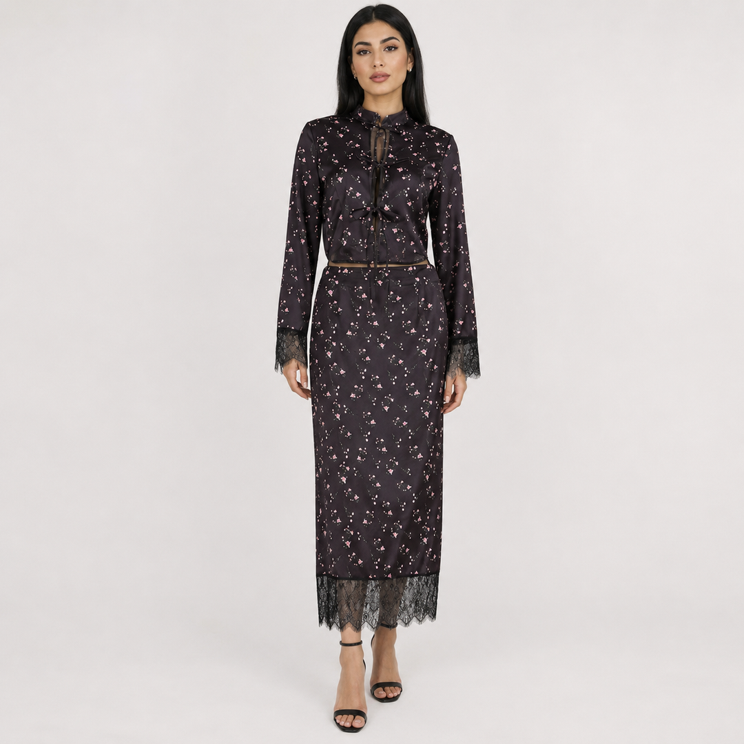 Floral Print Lace-Trim Two-Piece Set - Romantic