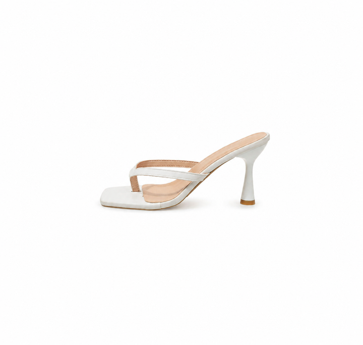 Elegant White Square-Toe Thong Heeled Sandals – Luna