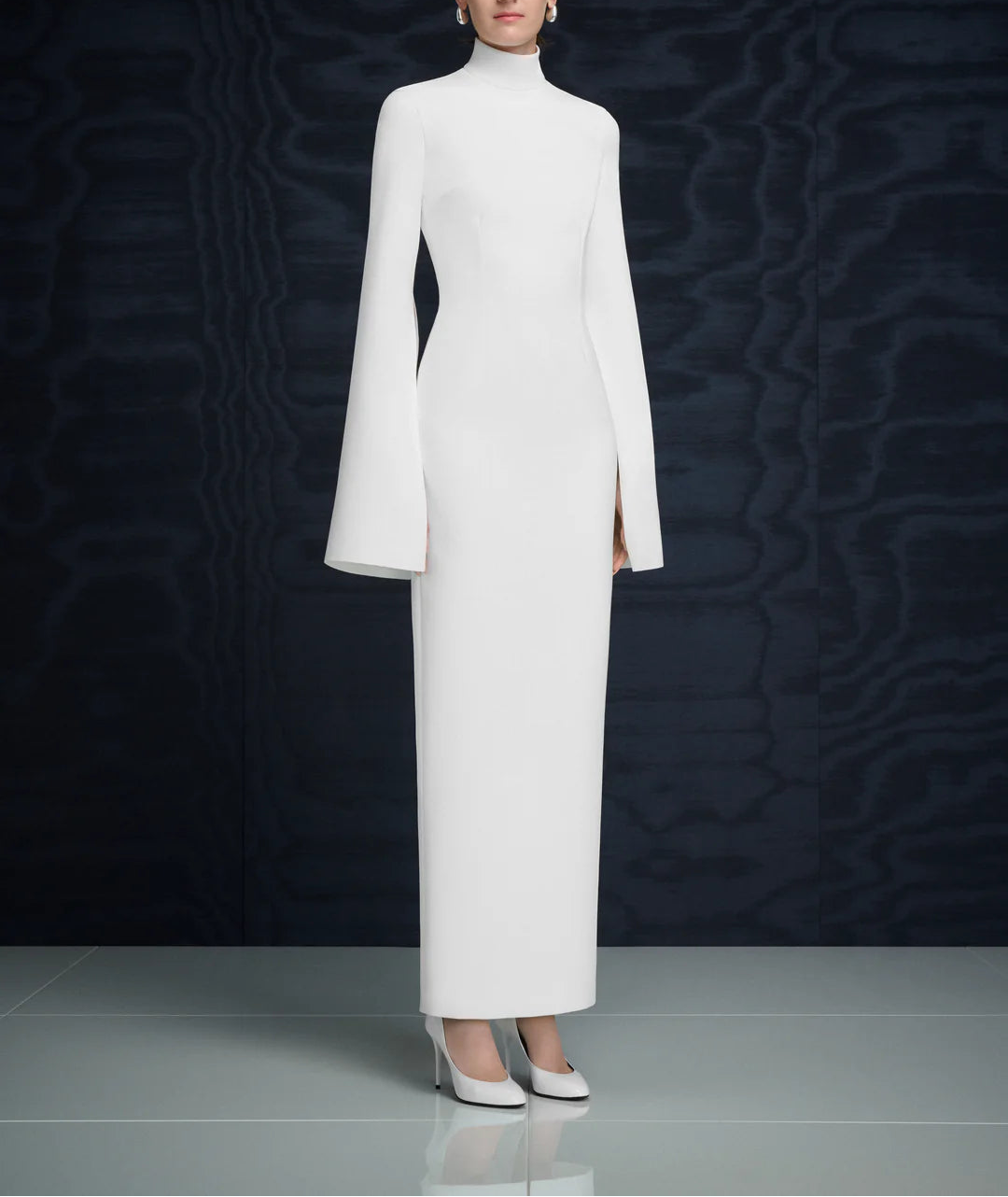 high-neck column gown with flared sleeves – JOSEFINE
