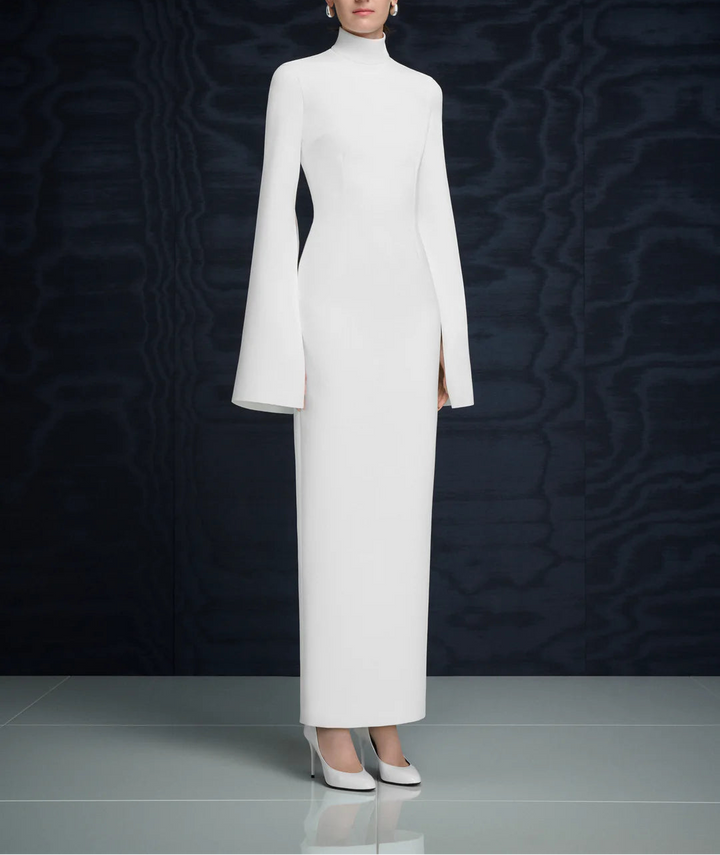 high-neck column gown with flared sleeves – JOSEFINE