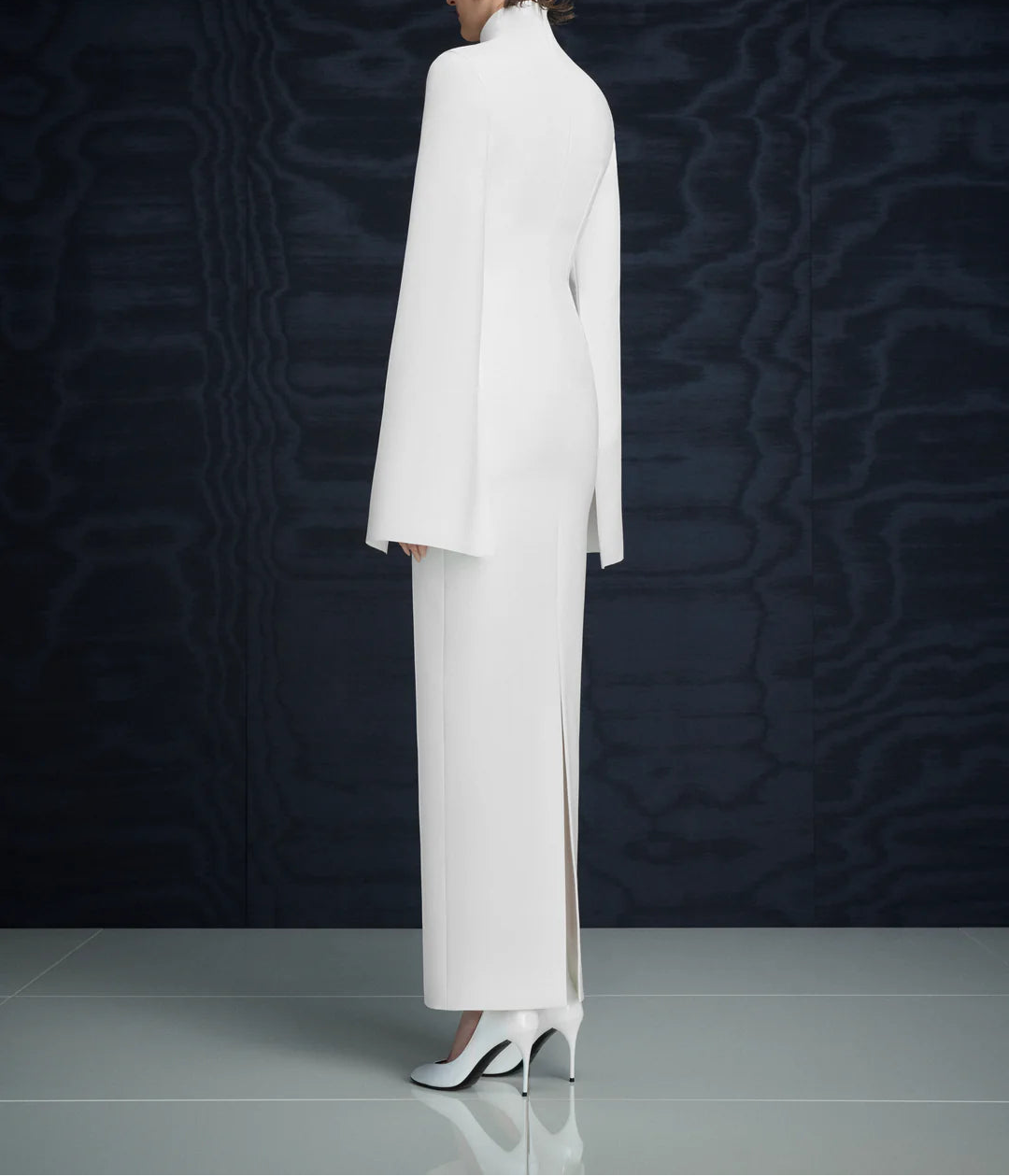 high-neck column gown with flared sleeves – JOSEFINE