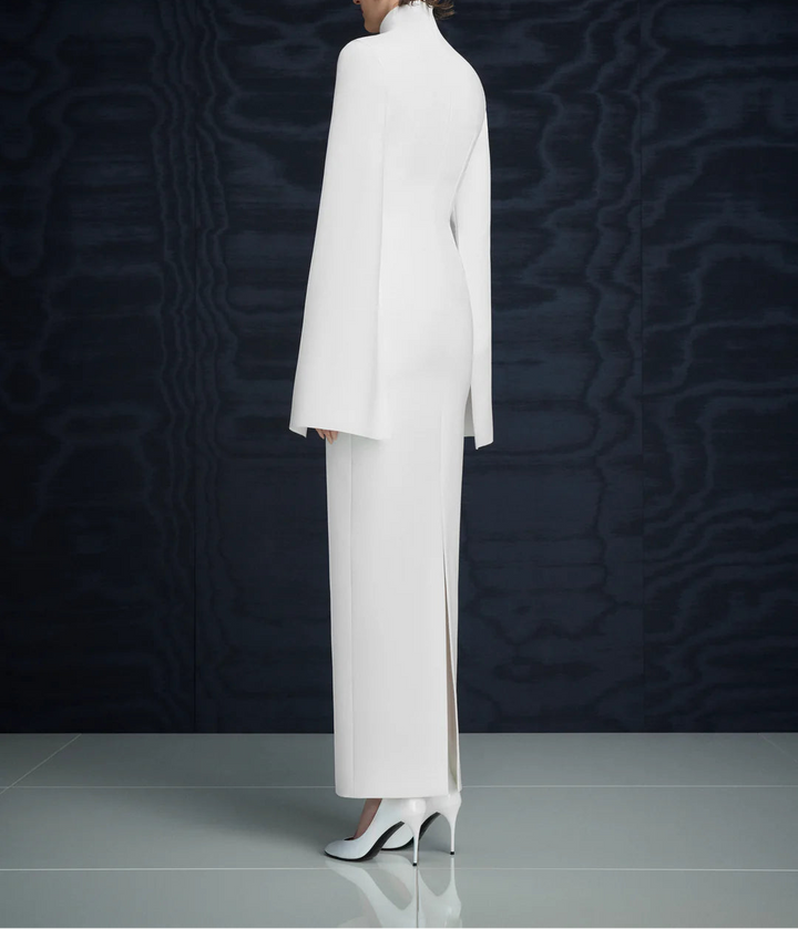 high-neck column gown with flared sleeves – JOSEFINE