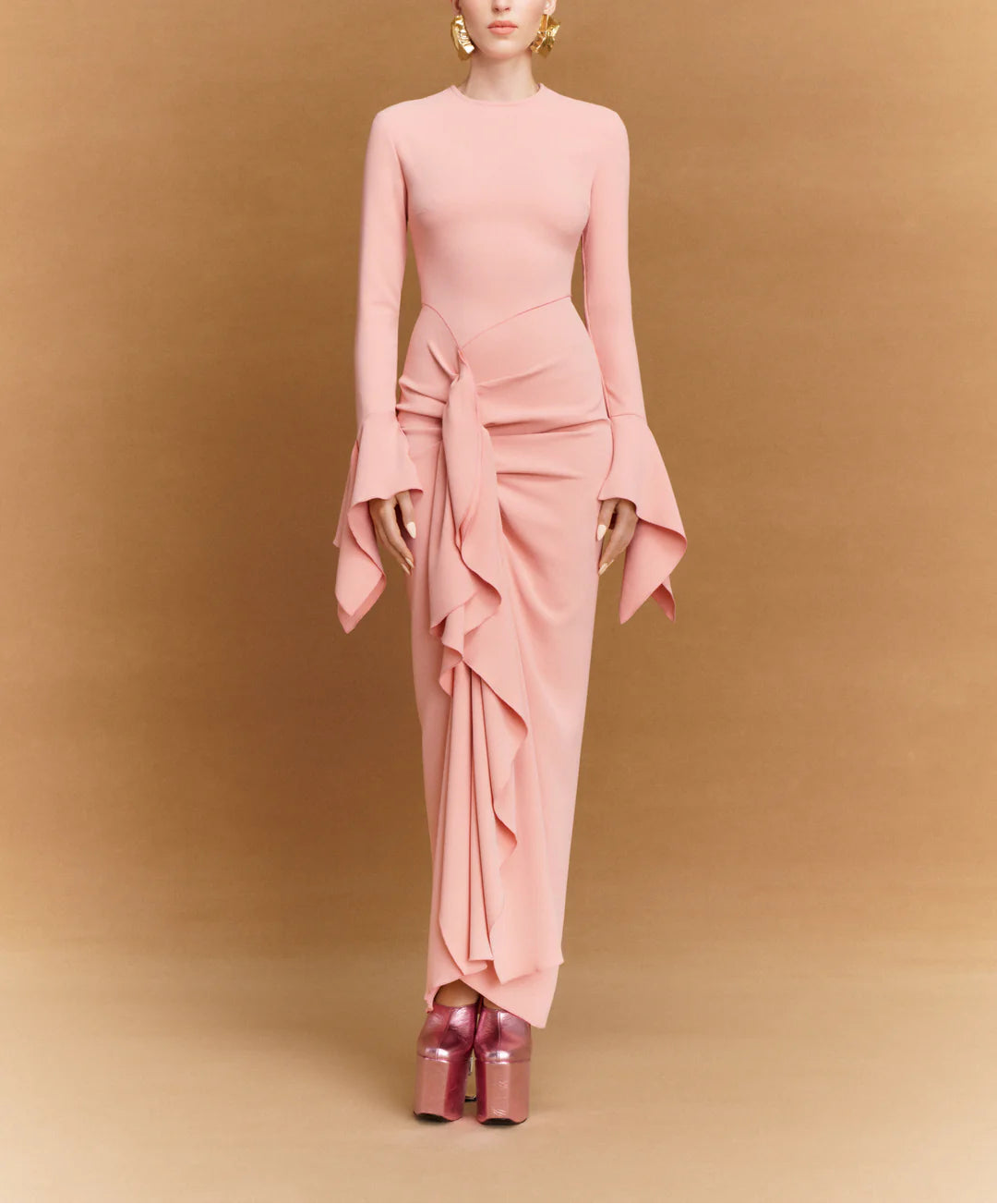 long-sleeve draped maxi dress with sculpted waist tie – DELLA