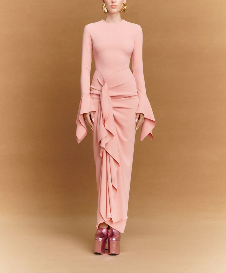 long-sleeve draped maxi dress with sculpted waist tie – DELLA