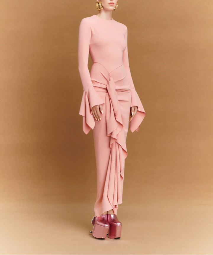 long-sleeve draped maxi dress with sculpted waist tie – DELLA