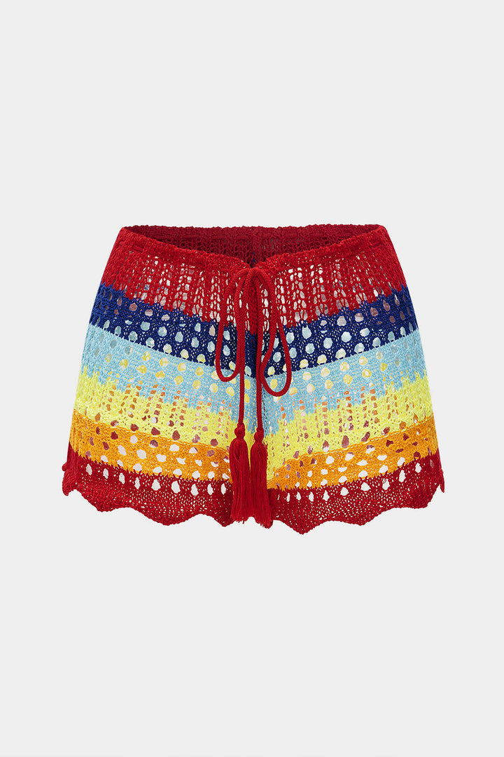 Contrast Knit Hollow Out Drawstring Shorts
