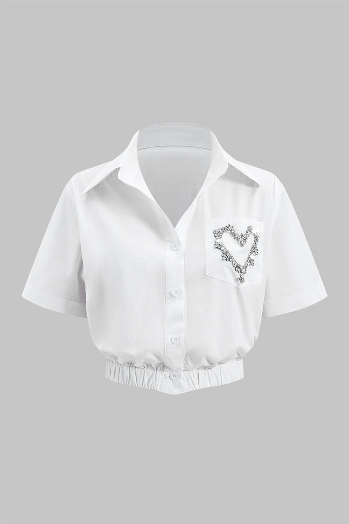 Rhinestone Ruched Button Pocket Short-Sleeve Shirt